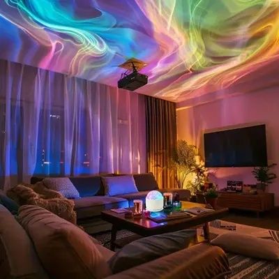 Colorful ambient light patterns fill a modern living room